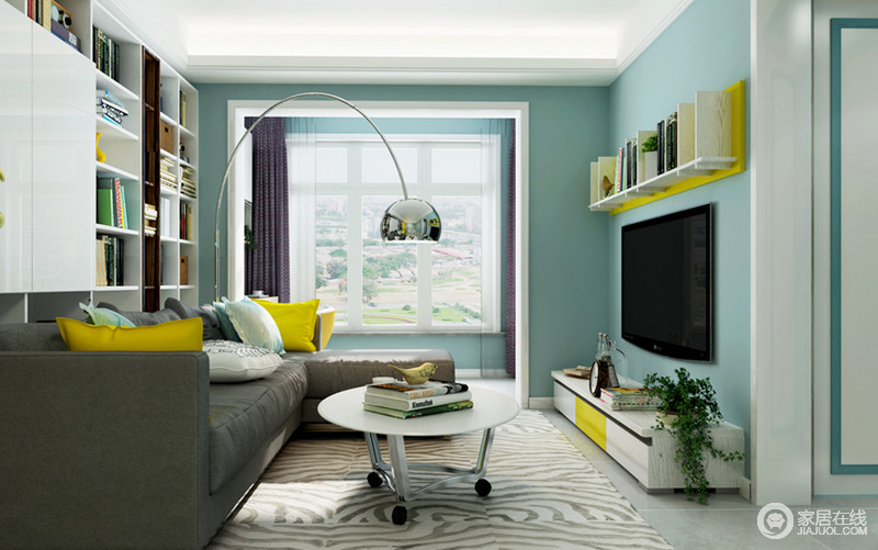 灰色不规则条纹的地毯跟整个房间的色彩搭配，组合的电视柜在收纳的同时，也起到了很好的装饰效果。