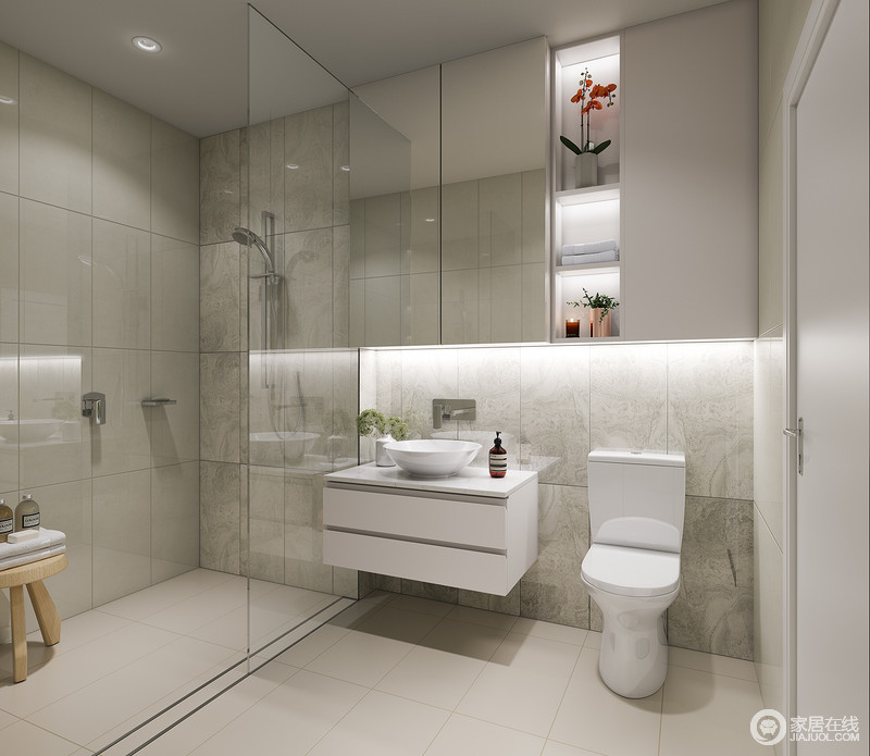 卫生间采用玻璃结构将淋浴区与盥洗区分开，乳色的瓷砖色调不论轻或重，与白色悬挂式盥洗台以实用主义为出发，打造简而新。