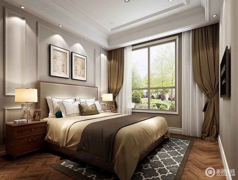高级灰作为卧室的背景色，提升了空间的优雅质感。搭配深色的棕、褐色，很好平衡了空间的调性。膏线、木质、金属和布艺，不同材质间也彰显出丰富的层次。