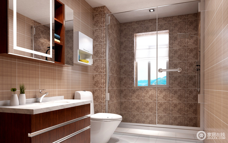 卫生间墙面采用西班牙进口瓷砖进行装饰，装修简单自然，让人感到宁静和安逸，进口的洁具与精心打造的浴室柜，是空间的一大亮点。色彩的搭配合理，尽显低调奢华。