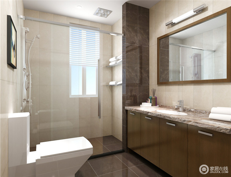 卫浴间以直线感的设计更显利落，设计师以灰色、乳白色的地砖突显空间的层次感，玻璃淋浴房简约而实用，与矩形盥洗台的设计不谋而合，令生活更为便捷。