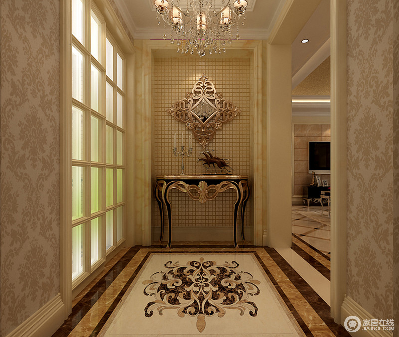采用欧式设计中惯用手法，利用花纹及金属材质的边柜及装饰营造出富丽堂皇的视感，让走廊也非同凡响。