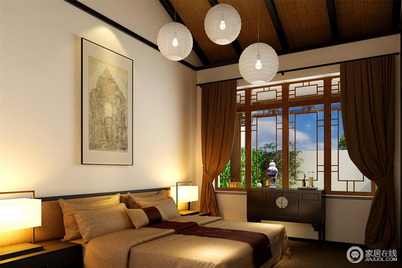 中式窗棂将室外庭院风景衔接于室内，圆形吊灯将朦胧之意镌刻着卧室，不仅多了份底蕴，而且多了份流动的美。