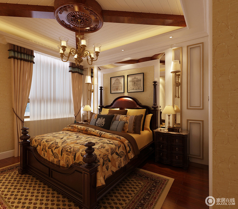 卧室突出了浪漫和古典，空间中流动着的艺术飞腾在每个细节中；对称的设计师改善了四柱床的厚实与稳重，轻重之间平衡出和谐之律。
