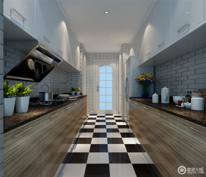 狭长型的厨房采用对称的方式设计，混搭式的上下橱柜，带来强收纳功能，使空间规整简洁，并与背景墙面呈现出鲜明的层次；地板上的黑白棋格，跃动般的带来简约的时尚主义。