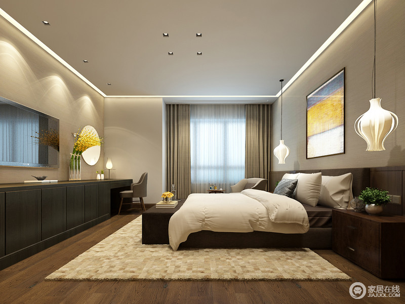 浅米黄色打底的卧室空间，很好的配合了深褐色的实木家具。配以白色的布艺、独特灯饰，打造出温和、质朴又失腔调的空间。床头多彩的挂画，点燃空间的活泼情绪。