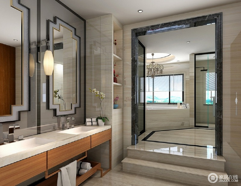 卫生间以灰色为主，从地砖到墙面形成浅色朴素，新中式镜子和简洁的盥洗台构成现代大气，同时不失优雅。