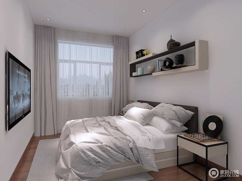 卧室的设计使用了浅灰与白色搭配，整体感觉简约而舒适。