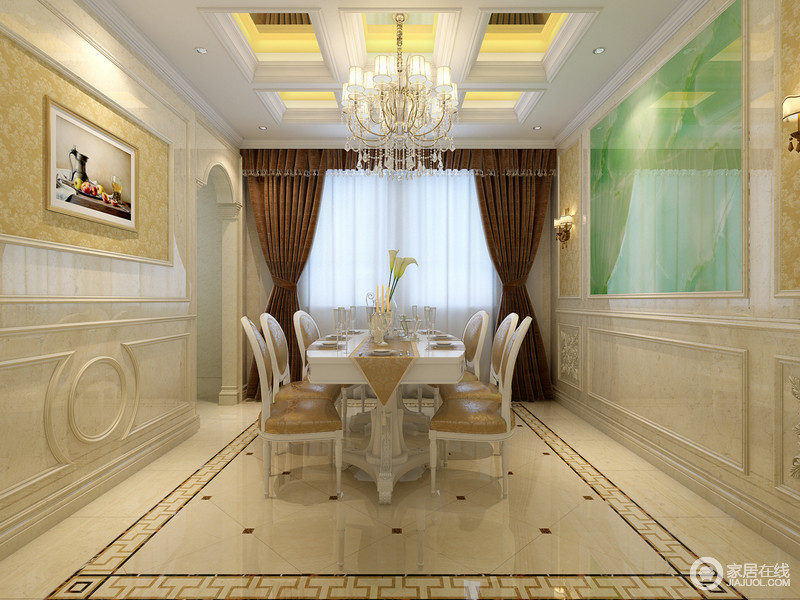 整个餐厅因为米白的墙面显得通透清爽，白色餐椅上，被地板黄的皮质带来柔软舒适性。井格吊顶，使空间看上去有了些许丰富性。两侧墙面上分别以黄和绿营造出别致的空间色调。