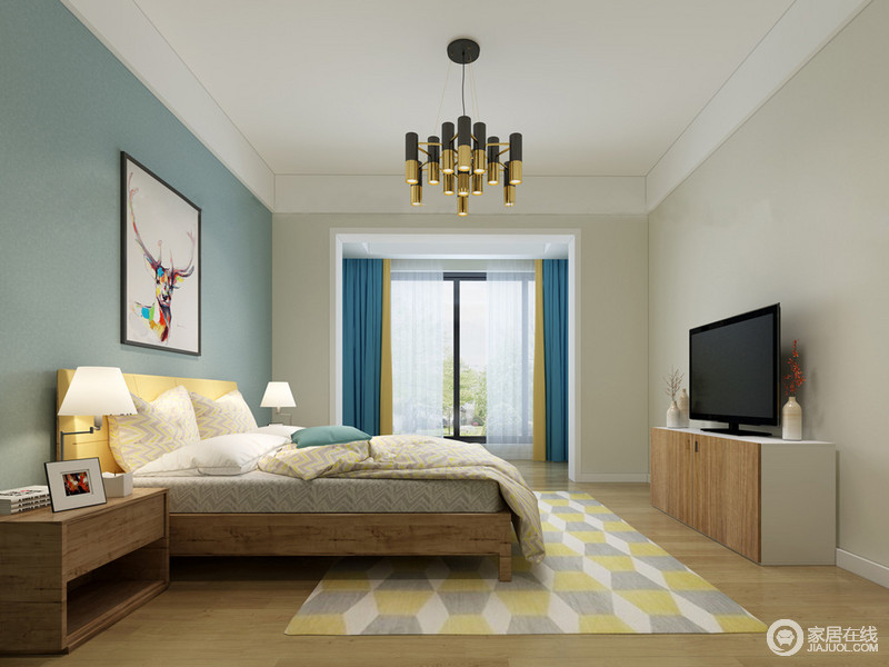 卧室以浅蓝色和乳灰色为对称，以面状的设计奠定空间的层次；北欧家具实用舒适，带着简单的温馨更显生活应该此为本；多色组成的几何地毯点缀出清暖，与床品的几何纹应和出简朴。