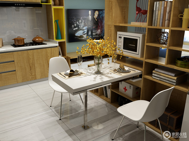 为了使用餐区的空间更为宽阔，设计可抽拉式多功能餐桌，打造空间更多可能性。

