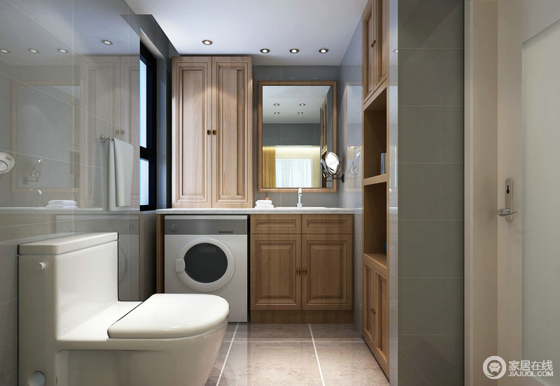 卫浴空间以灰褐色的瓷砖铺陈墙面，并与温润的木色收纳橱柜巧妙的结合，同时也形成视觉上的层次感，使紧凑的小空间简洁利落，具有多功能性。