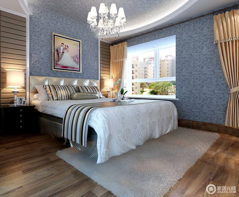 灰色花纹壁纸为整个卧室奠定了优雅的基调，白色花纹床品质感十足，是再好不过的安身之地。