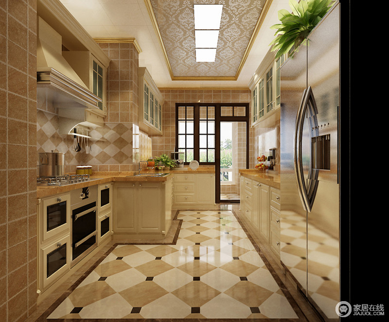 厨房中选用仿古砖来突显出空间中的田园古朴，地面将菱形与方形合二为一，铺贴出富有变化和节奏的韵律，让厨房生活也动感。