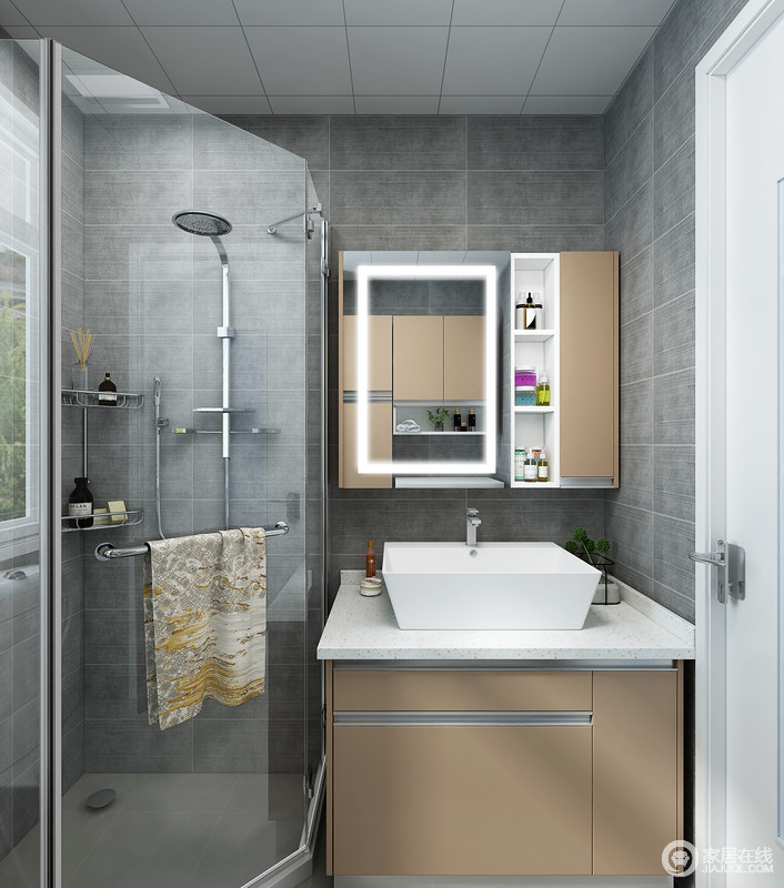 整体的浴室柜是必不可少的，增加收纳的同时又能提高卫生间的美观性。