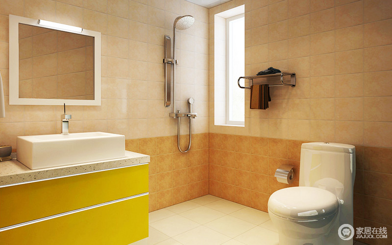 卫生间的墙地砖选择了和厨房一样的品牌，防水防滑。将绿色环保理念融入其中，无论是洁具，还是浴室柜的选择上，都体现了主人高品质的追求，将环保进行到每一个细节里面。