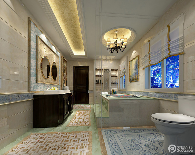 卫生间的表现手法以一环扣一环的层层堆叠来表现出空间层次性，马赛克和蓝白相间的泼墨纹、印花纹点缀在墙面及地板上，使空间丰富多姿。汤浴部分以透明玻璃材质隔离出来，使空间显通透性。
