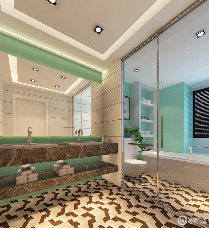 卫生间以玻璃巧妙地将沐浴区与盥洗区分隔，以绿色板材为墙面装饰，与白色收纳架和大理石形成清新和不乏质感的设计；整体空间流畅的设计充满了现代精致，米咖色地砖的别样形式，提升了空间的温实。