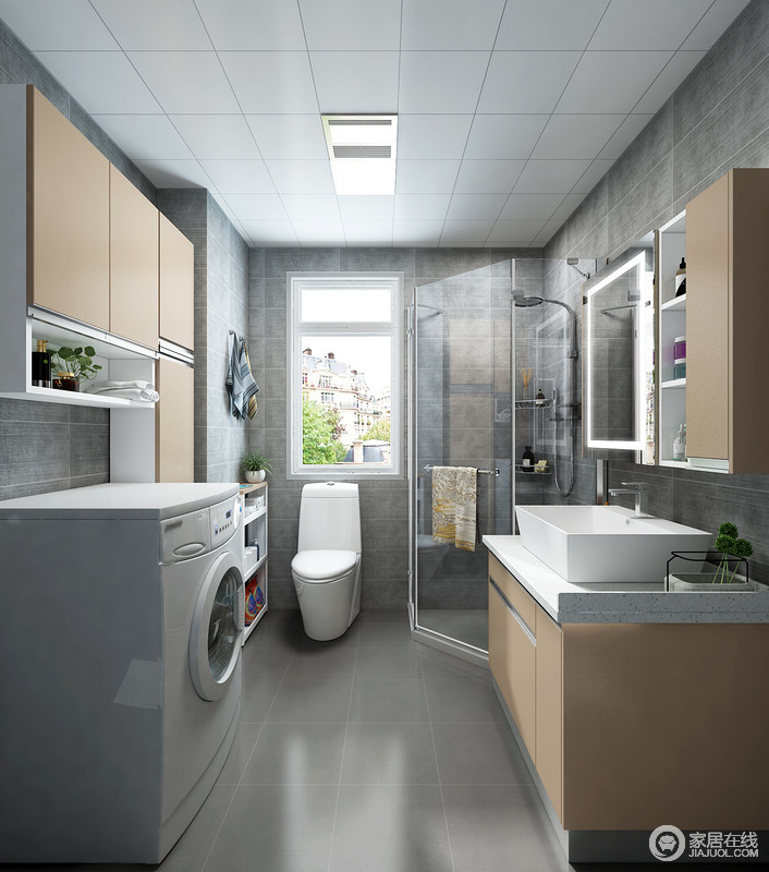 整体颜色选择还是比较沉稳的，浅咖色的面板和灰色墙面形成鲜明的对比，淋浴房设计让空间兼具了干湿分离的作用。