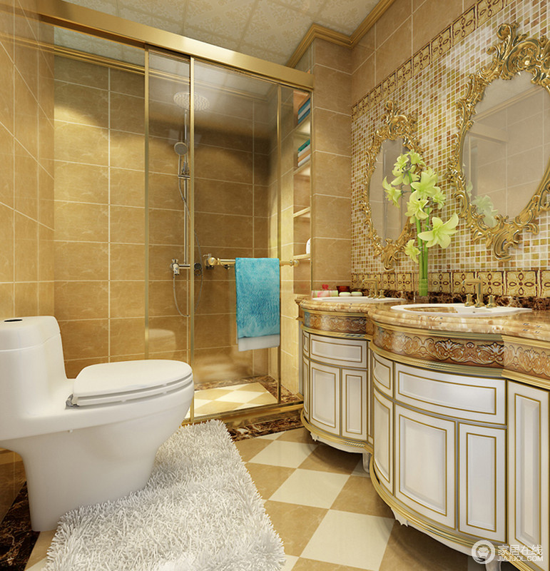 卫浴间选用复古金属镜子及欧式元素的盥洗台，打造出亮丽和奢华的空间。