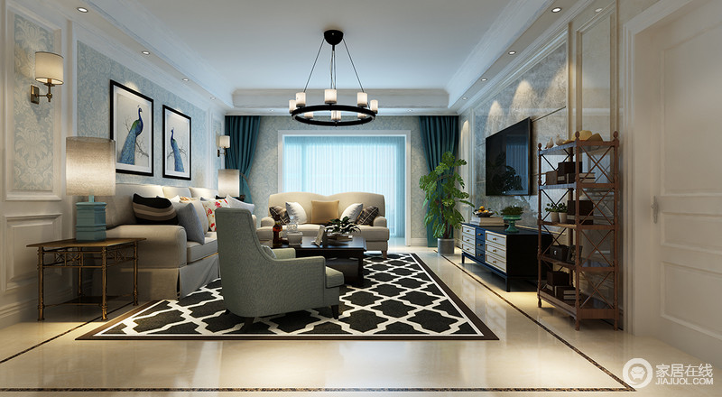 客厅里黑白绗缝地毯纹理鲜明，使得米白沙发、优美的印花壁纸及电视墙的石材构筑出清新素雅的格调。加入的少量金属材质，为朴质的空间增添一丝轻奢质感。