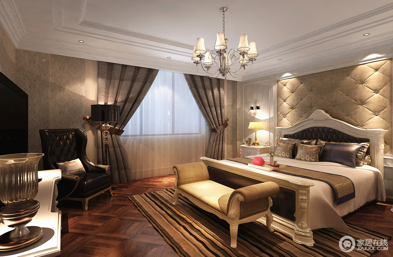 卧室中选用白色、灰色、褐色和黑色等大量中性冷色调，装扮出一个沉稳大气地居住环境。