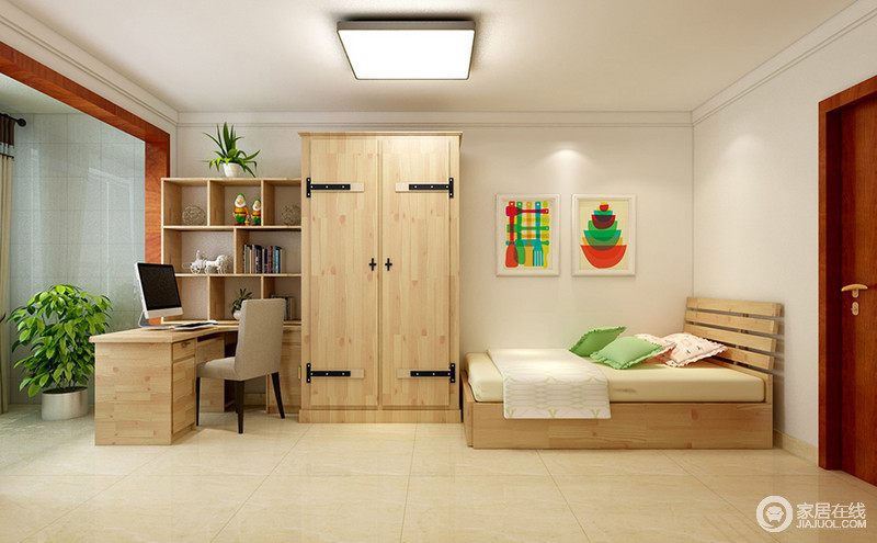 木质材质温和又具环保性，整个空间以原木色家具为主，利用一侧墙面将休憩、学习汇合，释放出更多活动空间。墙面上一对多彩挂画，增添平和空间里的几分意趣。
