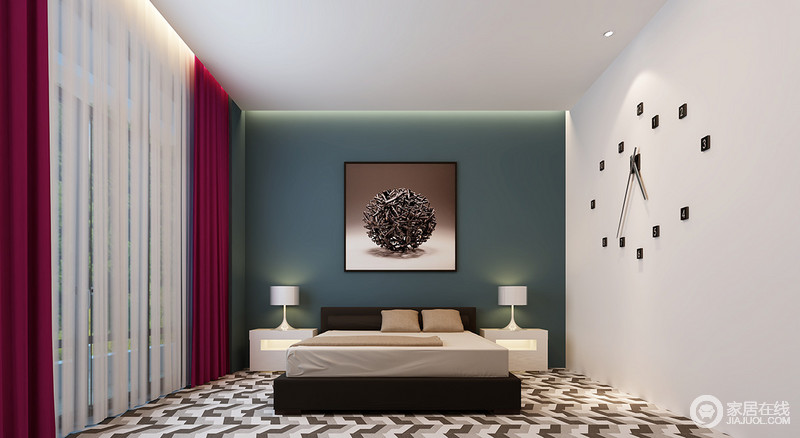蓝绿色的背景墙与白色调的空间形成悠然的自然风，带着一瞥清与一片静更显雅静；黑色双人床在白色床头柜、台灯的点缀中以黑白简约、摩登让居室非凡，黑白灰地砖中和着不同的元素，更显素雅。