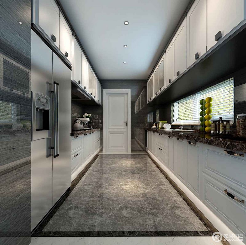 厨房以灰色调为主，设计师利用白色橱柜来中和空间中的用色，一深一浅，不失色彩感；通过悬挂式橱柜来增加实用性，规整的设计更能体现现代感。