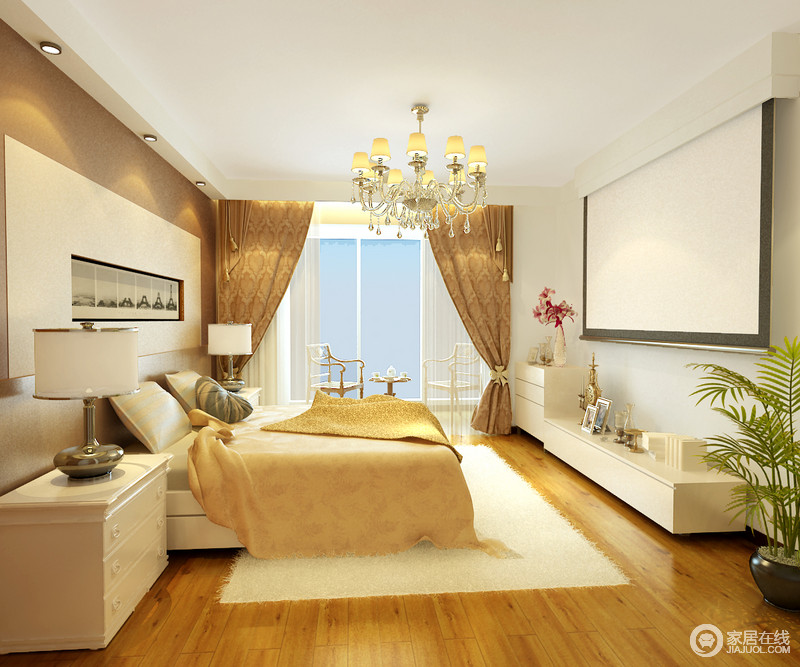 卧室 以原木地板和棕黄色窗帘为组合，给予白色空间一丝温和与暖意，层次之间，尽显温馨；投影与几何的背景墙做到了形状上的应和，却与白色家具组合，让生活足够简单、舒适。