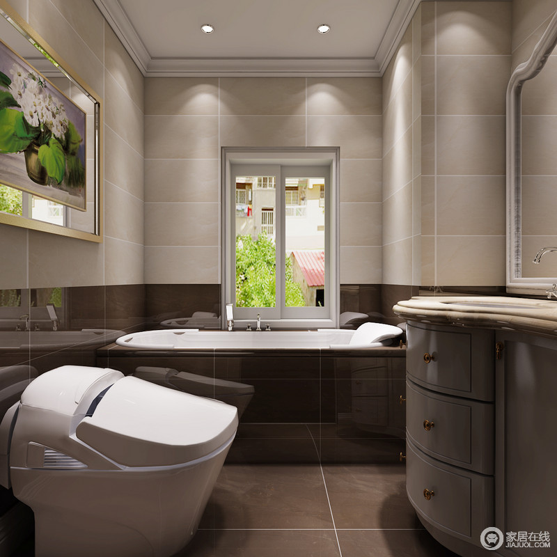 卫浴间立面采用深浅不一的砖石分解空间的立面层次，半圆形盥洗台将柜体加以突出，呈现了圆润而实木质地的奢华。