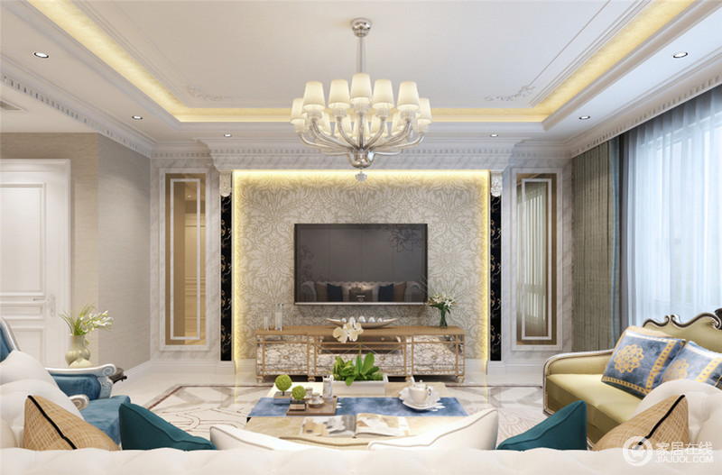 客厅电视背景墙灯带和茶镜的设计提升整个空间的质感。