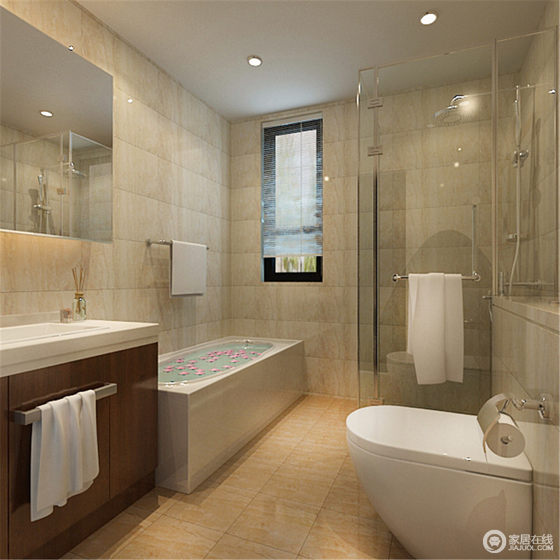 卫浴间以古旧的地砖塑造起整个空间，没有利用过多的形式变化来提升和改变空间，以原本的建筑结构展示着空间的实用性；干湿分区不仅实用，而且规整大方，更整洁实用。