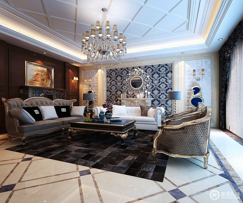 深色系的客厅在华丽质感的装饰渲染下，演绎时尚轻奢。墙面分明以不同色彩与材质装饰，形成质朴与雍容的强烈对比。混搭式的沙发，造型优雅端庄，空间散发出暗调华章。