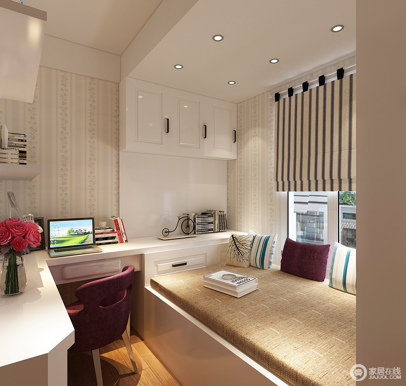 卧室设计得十分整洁，利用悬挂柜来增强空间的功能性；白色整体柜形成的线条感装饰着空间，并与驼色单人床讲诉着简单的温馨。