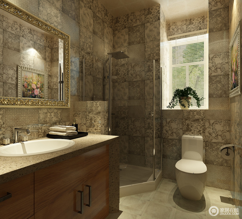 卫浴间灰色花纹砖石带着复古的气质，让空间满是历史的痕迹，虽然设计以功能性为主，但是砖石的文脉就是最艺术的装饰，让空间与众不同。