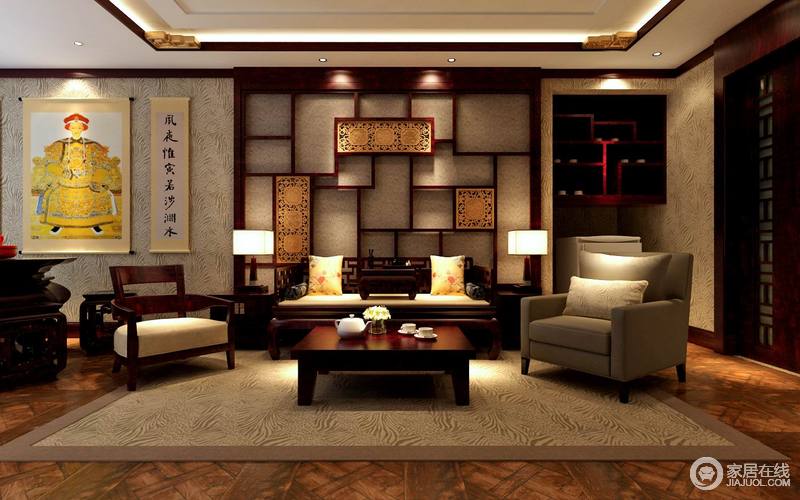 地下室转换了风格与空间节奏，中式博古柜和中式布艺家具让人不由得将生活节奏放缓，沉醉在一个传统之境中。