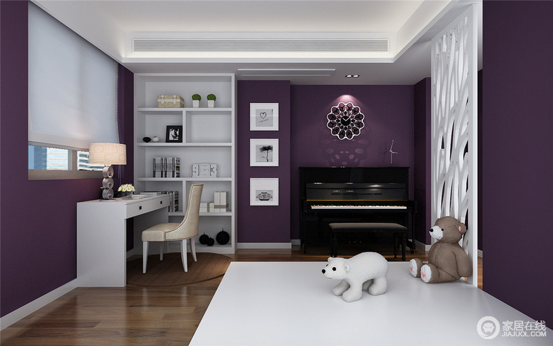 打破黑色的统治，所有墙面漆上情迷的紫色，带来整个房间的优雅和特立。白色适时的给予添加和点缀，不会让紫色太过渲染，又不会抢夺紫色所带来的型色腔调。