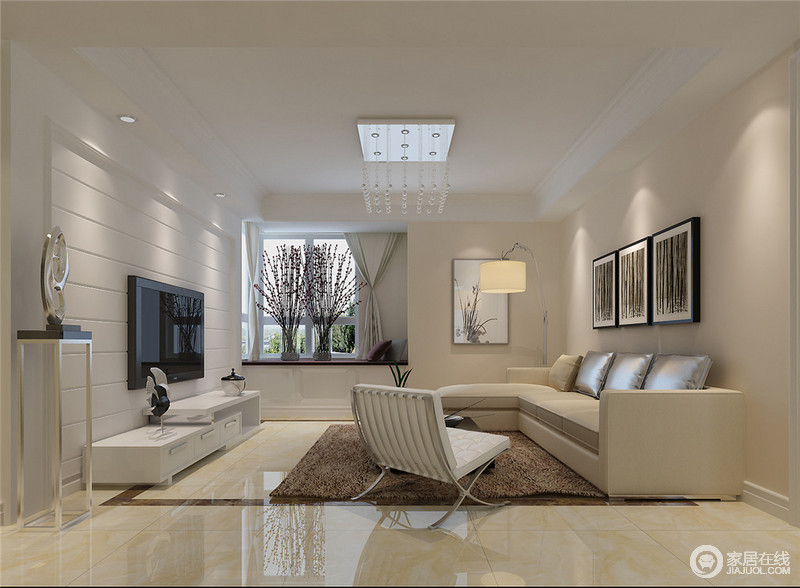 L型沙发和墙面以米色为主，从色彩上减缓对视觉的引导性，形成一个轻曼的姿态；缓慢地过渡，将白色简约单人椅融合进来，与条纹木背景的白新成趣对应，简易的家具摆饰组合出简式空间。