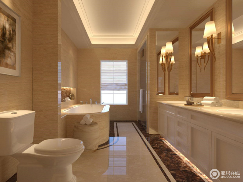 米黄色的大理石，使卫浴空间罩上一层温馨的氛围。地面则采用近色系的雅白黄地板，拼接棕褐色，形成视觉上的空间划分。搭配简白的洁具，在干湿区域的合理分布下，空间朗阔疏落。