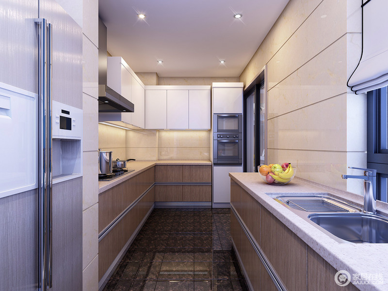 白色与驼色混搭出现代感的厨房空间，白色增强了空间的灵活与高效。