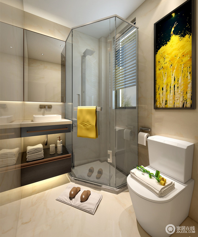 卫生间流畅的设计，让小空间更为得体，统一使用淡色瓷砖来增加空间的轻盈感；多边形淋浴房设置在了角落，最大限度地利用了空间面积；黄色丛林的艺术画悬挂在卫生间突显出空间的生活质感。