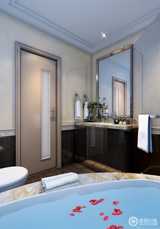 深与浅的色彩搭配，中和出无锈迹的空间，干净就是卫浴间最大的要求。