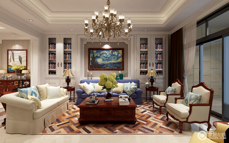 空间利用蓝色与白色布艺沙发为主导，柔和了整个空间的颜色，展现出平稳祥和地生活空间。梵高先生的《星空》更将美妙的情境移入室内，激情肆意涌动，生长出不羁的生活创想。