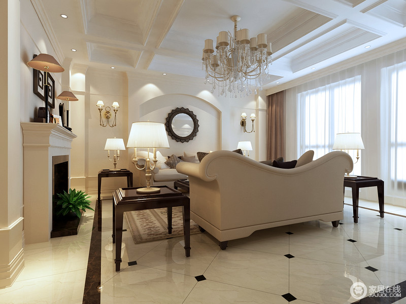 小客厅中乳白色的空间十分静逸，现代美式家具带来了当代美式艺术，令人可以领略其简中休闲的都市风，打造出一个柔和温馨地空间。