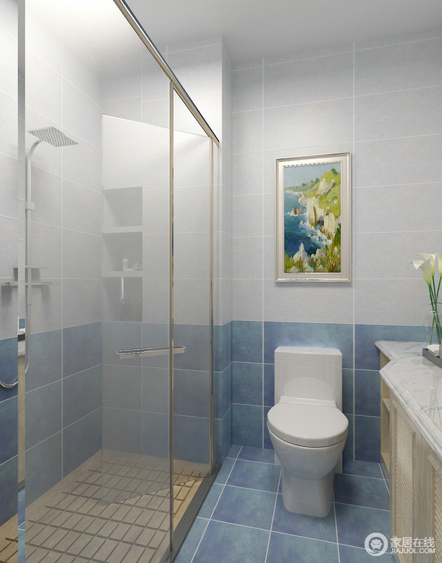 灰色的仿古砖与蓝色砖相接，优雅中不失清凉；设计师通过玻璃淋浴间来划分干湿区域，让生活更富有节奏感。