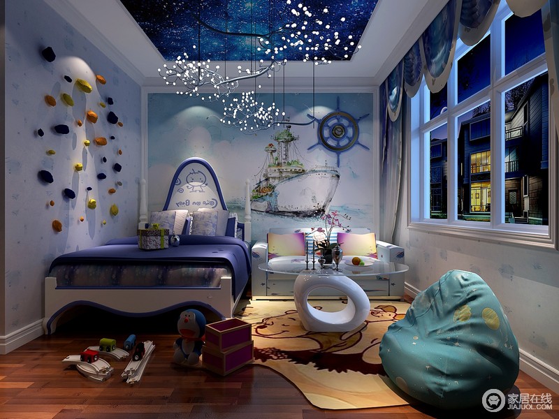 卧室，蓝色的吊顶，壁纸，铁艺的灯饰，为孩子打造不一样的空间幻想