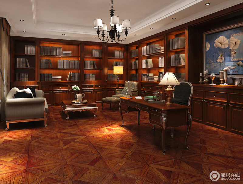 书房中菱形黄木衫地板如秋的静美，雕饰出木香与书香相通的灵性空间。