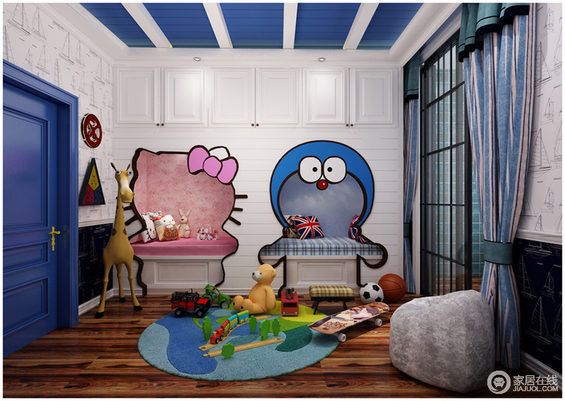 设计师以孩子的视点描绘居室空间，别开生面独具创新的将卡通人物形象与墙面卡座艺术的结合起来，在充满童趣和童真的空间里，表现出风格多样化。