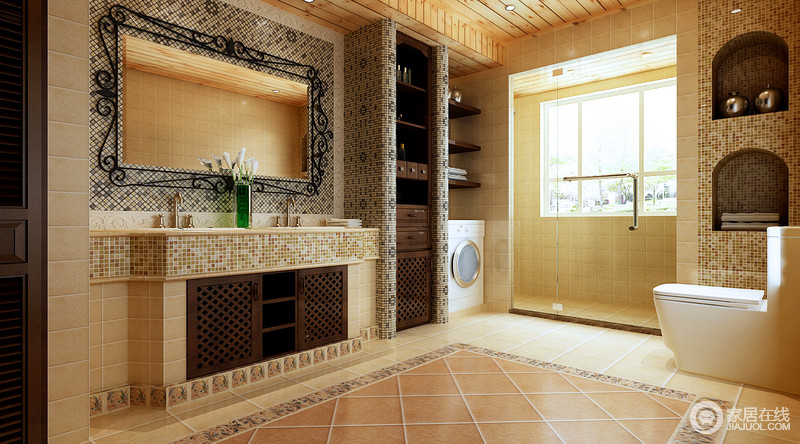 卫浴间利用马赛克装饰，更富自然风韵；拱形墙体结构形成天然的储存小空间，甚至木家具与其结合，重新构造出石材与木材的天地。